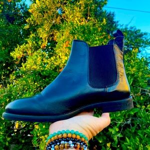 Ellos real leather Size 12 Black Ankle Boots comfort low flat heel easy slipon